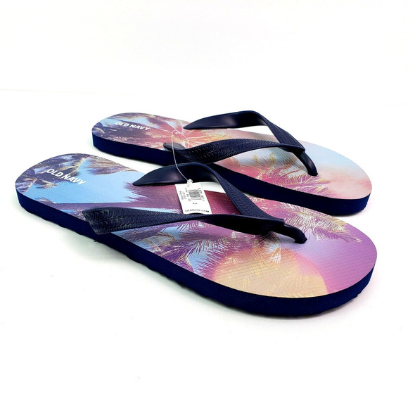 Old Navy Youth Sz 5-6 Navy Blue Palm Tree Photo Slip On Thong Flip Flop Sandals - Picture 1 of 4